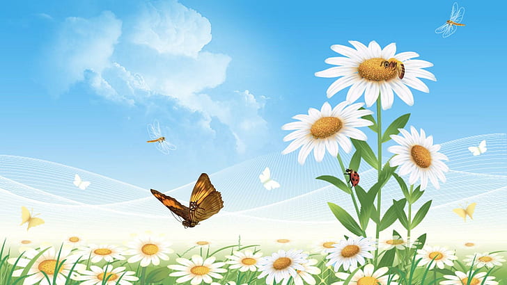 Daisy Power, dragonflies, butterfly, daisies, spring, field, lady bug, HD wallpaper