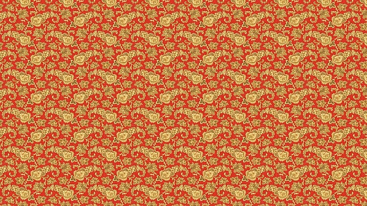 leaves, flowers, red, background, fabric, texture, ornament, HD wallpaper
