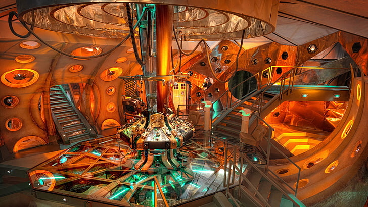 gray and green laboratory illustration, TARDIS, Doctor Who, indoors