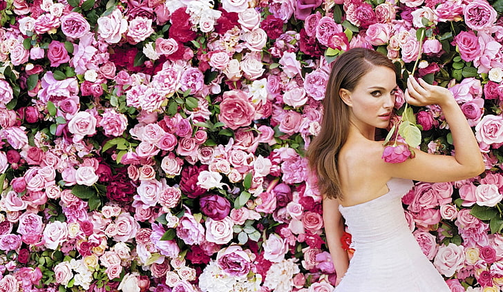 women's white off-shoulder dress, girl, flowers, roses, actress, HD wallpaper