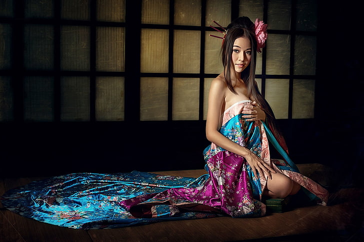 woman wearing pink and blue floral dress, women, geisha, Asian, HD wallpaper