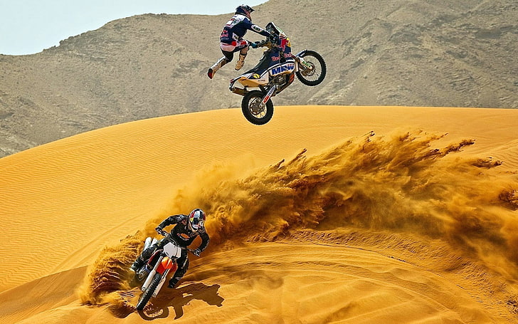 black, white, and yellow motocross dirt bike, desert, motorcycle, HD wallpaper