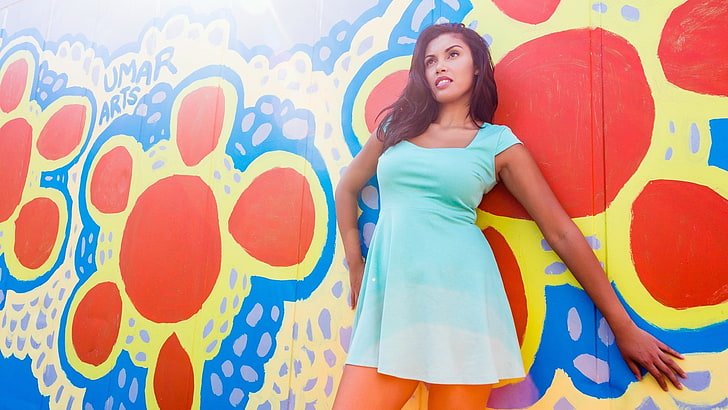wall, colorful, dress, women, model, minidress, Latinas, one person, HD wallpaper