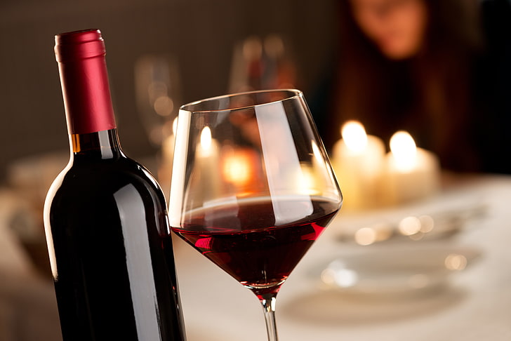 glass wine bottle, table, red, candles, bokeh, drink, alcohol