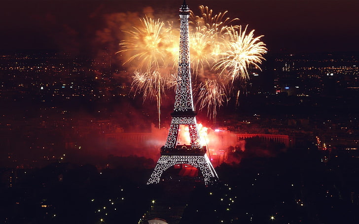 cityscape, night, Eiffel Tower, Paris, France, fireworks, illuminated, HD wallpaper