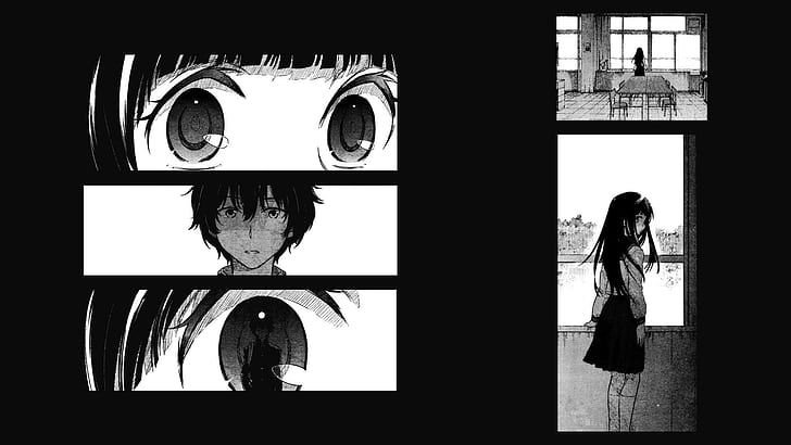 Manga, Monochrome, Hyouka, Anime Girls, Anime Boys, Big Eyes, Anime