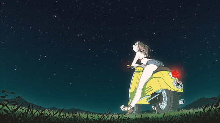 female riding yellow motor scooter illustration, anime girls, HD wallpaper