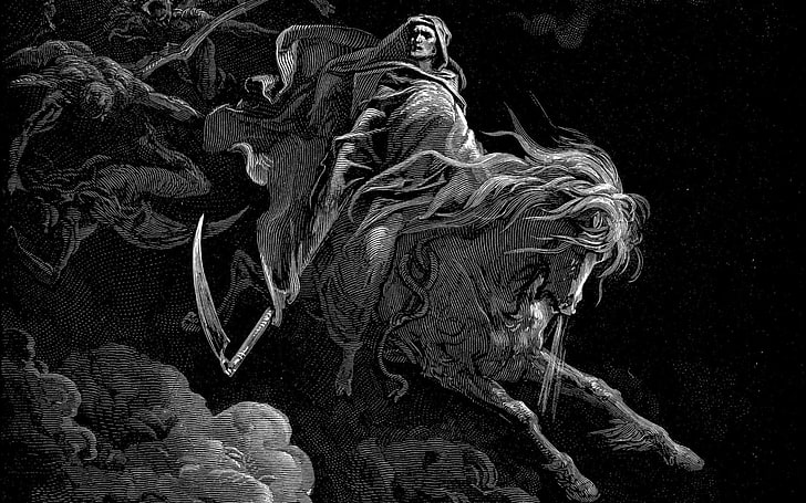 Dark, death, Dore, Gustave, horses, reaper, art and craft, representation