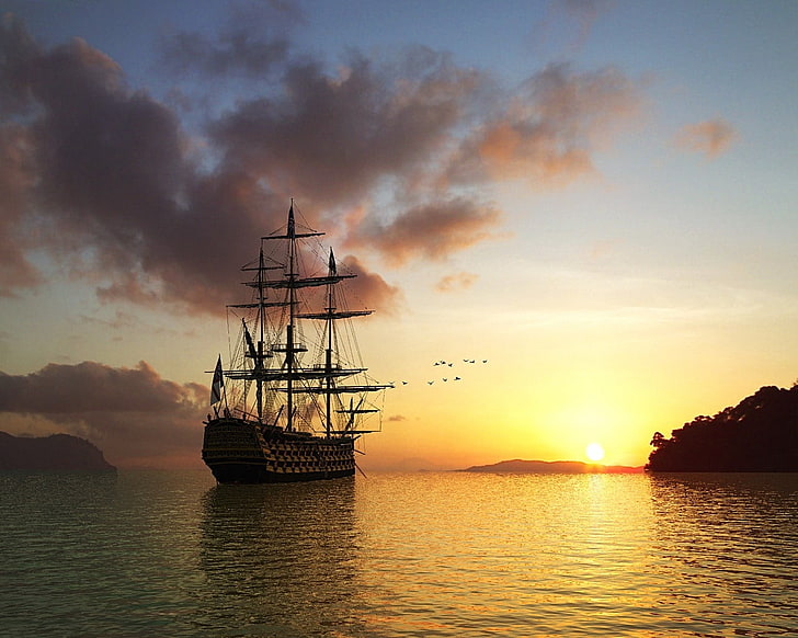 brown sailboat digital wallpaper, sun, rising, morning, ship