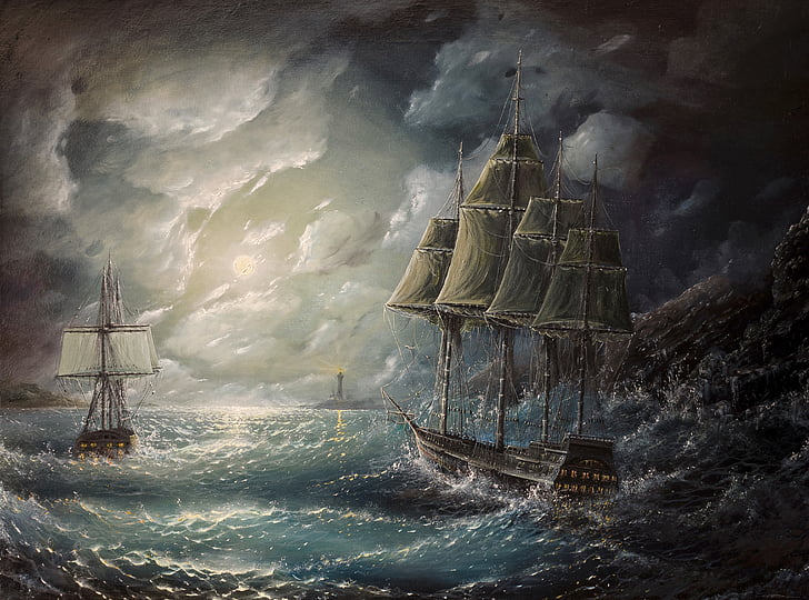 art, painting, pictorial, sailing, sea, ships