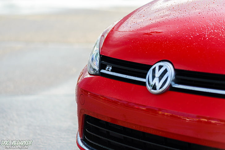 car, Volkswagen Golf, red, focus on foreground, close-up, motor vehicle