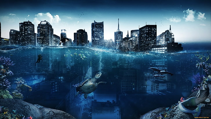 city underwater wallpaper, sunken cities, turtle, divers, split view