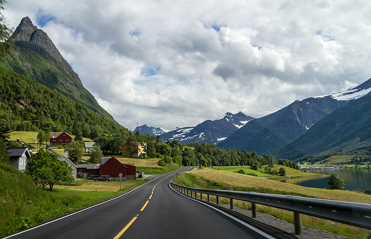 black top road across rocky mountains under white sky during daytime, sykkylven, sykkylven, HD wallpaper