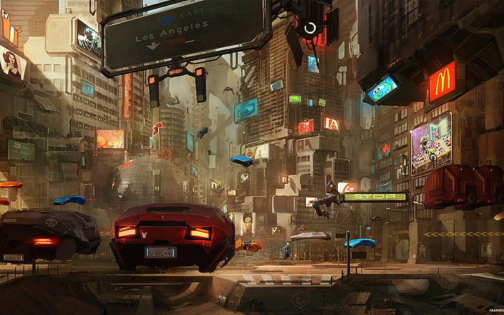 digital art, futuristic city, car, fantasy art, science fiction