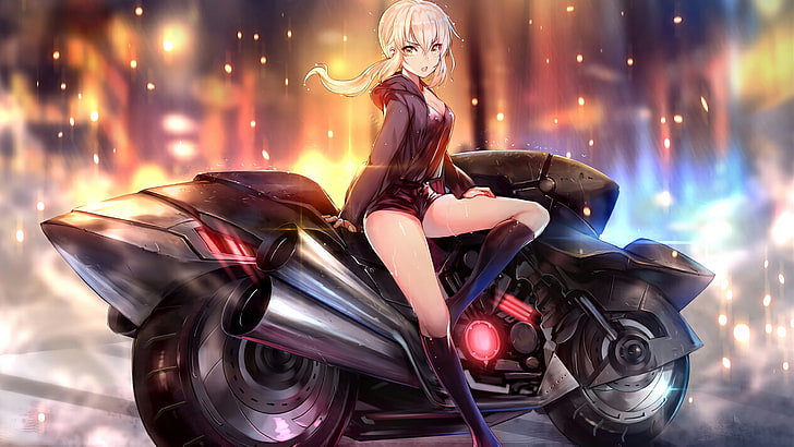 anime female character, women, Saber Alter, Fate Series, motorcycle, HD wallpaper