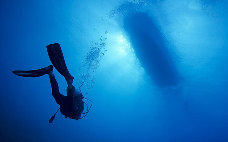 underwater, divers, blue, bubbles, HD wallpaper
