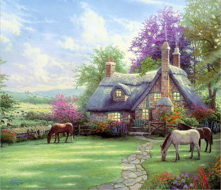 multicolored painting of house and horses, nature, Thomas Kinkade
