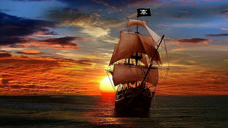 pirate, caravel, sailing ship, calm, sea, sky, ocean, sunset, HD wallpaper