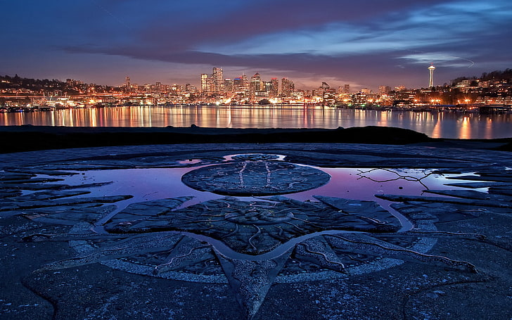 cityscape near body of water, Seattle, night, lights, architecture