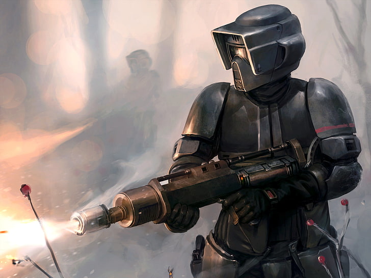 gray robot illustration, Star Wars, Art, Scout Trooper, Flamethrower, HD wallpaper