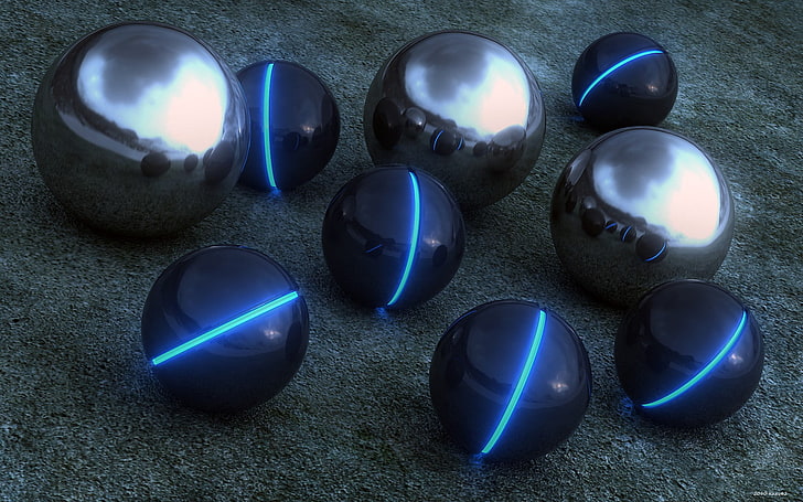 four black and blue bowling balls, abstract, 3D, sphere, glowing, HD wallpaper