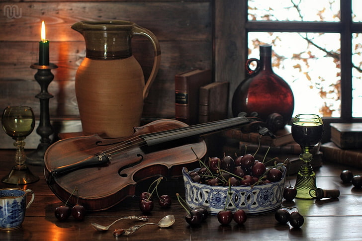cherry, berries, violin, books, bottle, candle, glasses, pitcher