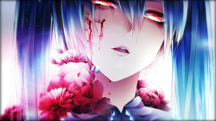 anime girls, anime, crying, Hatsune Miku, flowers, red eyes, girl anime character with pink daisy flowers wall decor