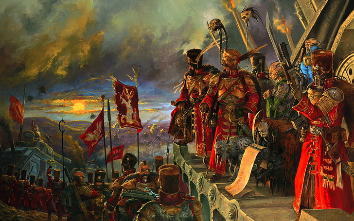 group of people in knight costume painting, the sky, horizon