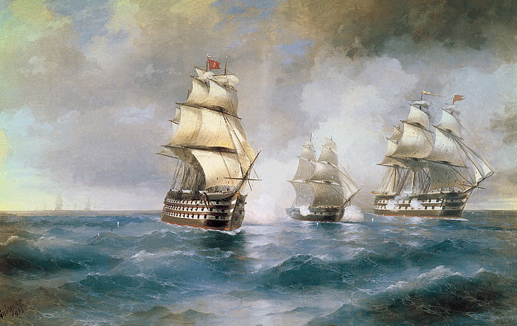 three white-and-brown flagship illustration, Sea, Picture, Ships
