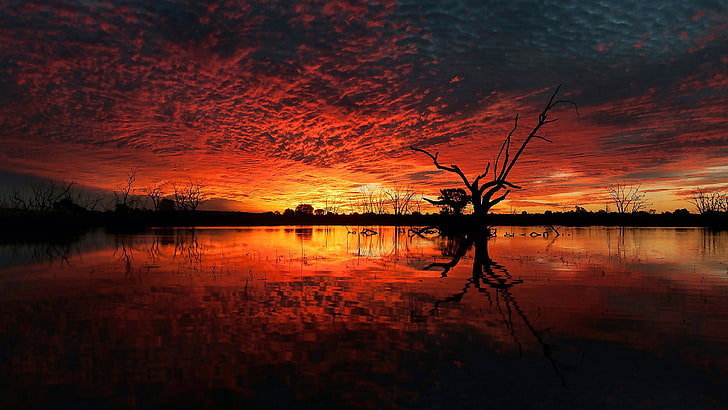 reflection, lake, sunset, red sky, afterglow, landscape, horizon