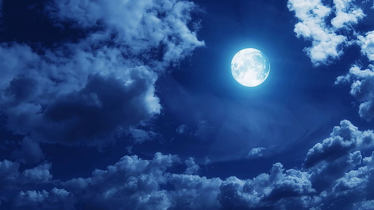 moon, blue, clouds, sky, cloud - sky, full moon, night, cloudscape, HD wallpaper
