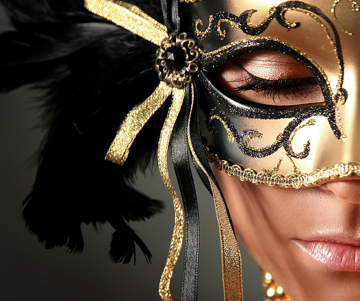 women's gold and black masquerade mask, girl, face, patterns, HD wallpaper