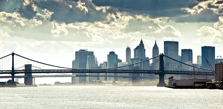 gray bridge, new york, manhattan, panorama, river, new York City, HD wallpaper
