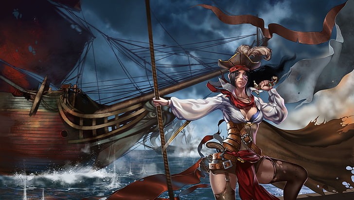 girl in long black haired pirate character, sea, weapons, the wind