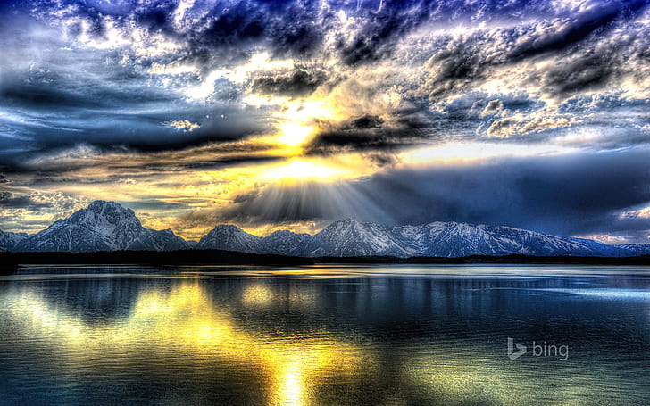 the sky, clouds, rays, mountains, lake, USA, Wyoming, Grand Teton National Park, HD wallpaper