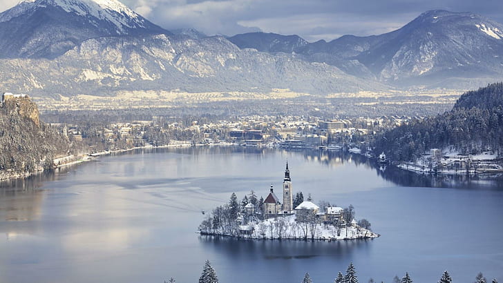 Oft Photographed Lake Bled Slovenia In Winter, island, church