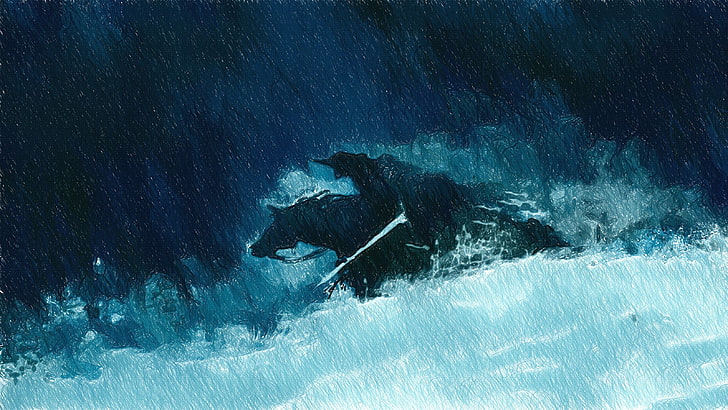 man rides on horse painting, artwork, fantasy art, rain, snow