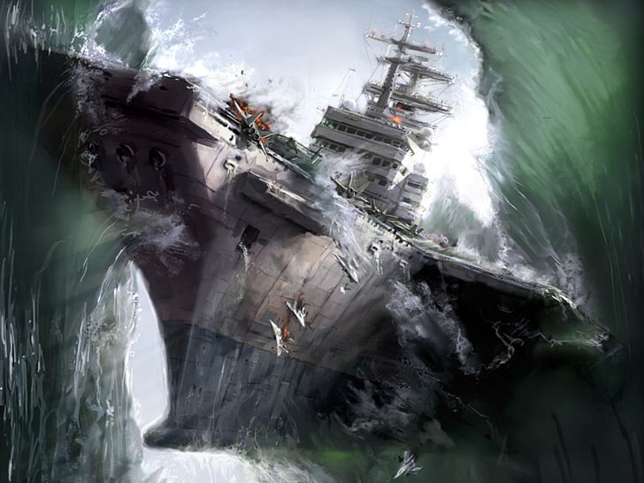 warship, artwork, military, aircraft carrier, water, motion, HD wallpaper