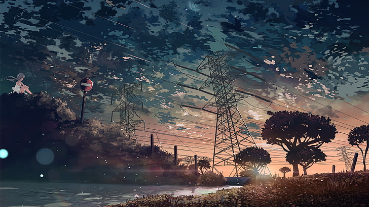 transmission tower, anime, artwork, power lines, sunset, clouds, HD wallpaper
