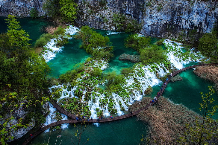 croatia, plitvice lakes national park, waterfalls, shrubs, people