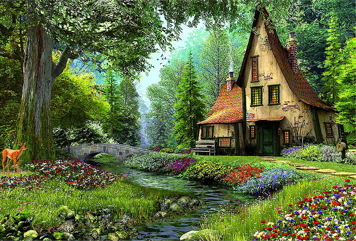 Artistic, Painting, Bridge, Deer, Fairy Tale, Flower, House, HD wallpaper