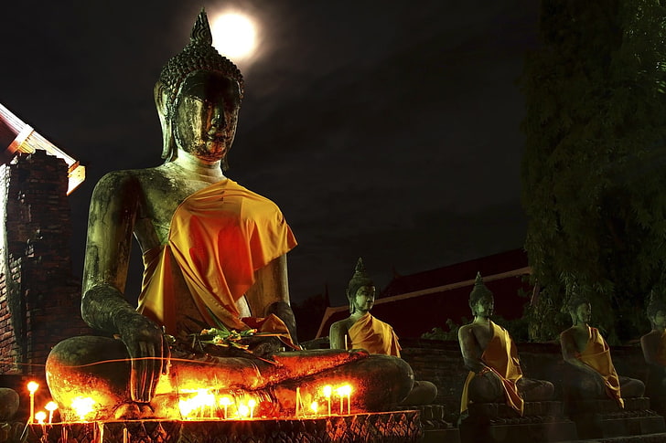 Buddha, Thailand, monks, dark, night, candles, human representation, HD wallpaper
