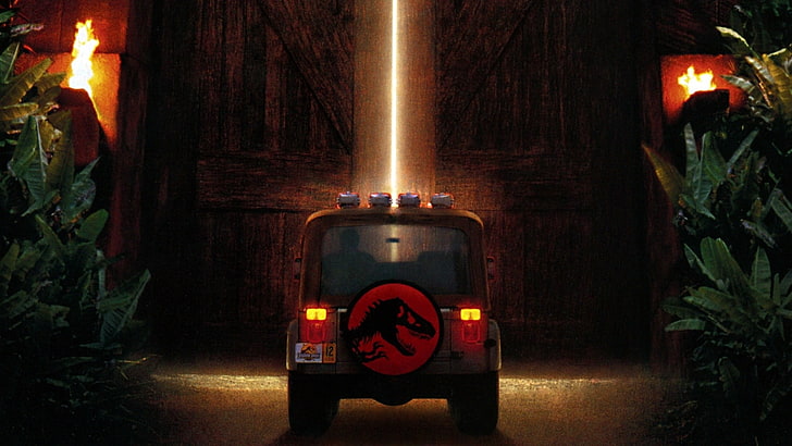 red and black vehicle, Jurassic Park, movies, dinosaurs, burning