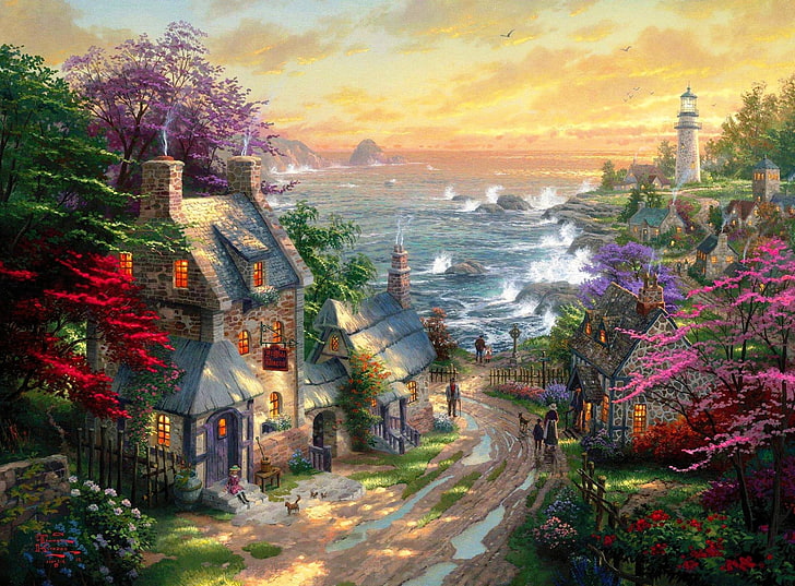 house illustration, road, sea, lighthouse, home, village, puddles, HD wallpaper