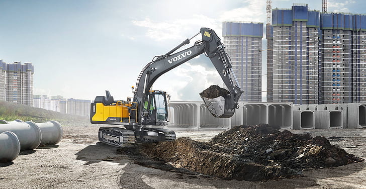 earth, construction, Volvo, excavator, bucket, the ground, construction equipment, HD wallpaper