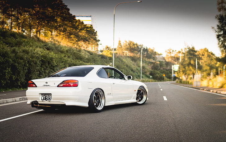 white coupe, road, S15, Silvia, Nissan, tuning, rear, transportation HD wallpaper