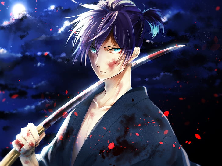Anime boy, kimono, katana, blood, moon, night