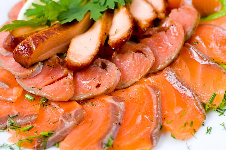 sliced smoked salmon, fish, meat, food, gourmet, meal, seafood