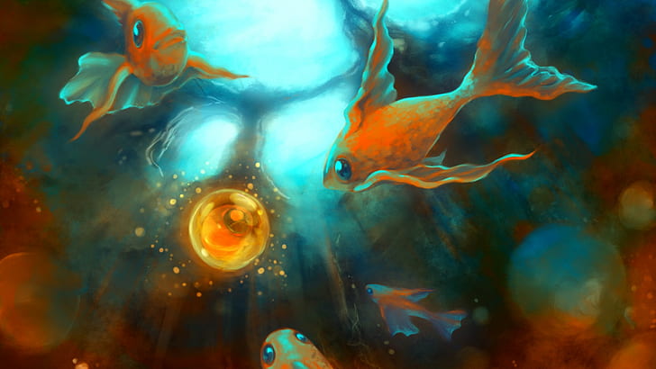artwork, bubbles, fish, goldfish, underwater, HD wallpaper