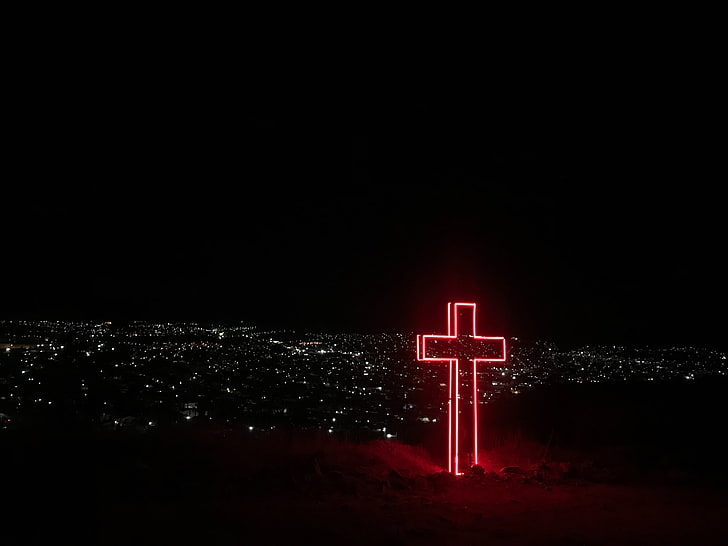 red cross, night city, city lights, view, overview, christianity, HD wallpaper